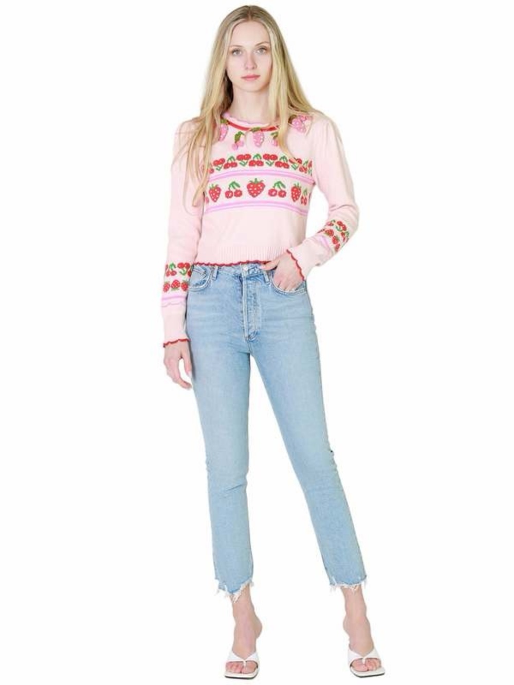LoveShackFancy Peach Knit Sweater with Red & Green Strawberry Details